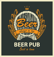 Wall Mural - template vector beer pub label with wooden barrel, coat of arms, ears of wheat, ribbon and crown in retro style