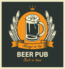 Poster - template vector beer pub label with beer glass, coat of arms, ears of wheat, ribbon and crown in retro style