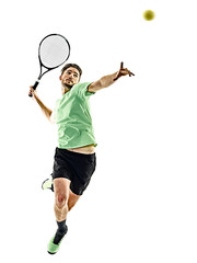 Wall Mural - one caucasian  man playing tennis player isolated on white background