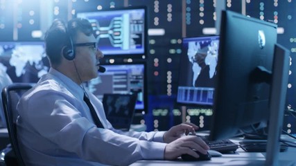 Aufkleber - Professional Technical Support Personnel Working in a System Control Center. We See Many Working Displays with Various Data Visible on Them.  Shot on RED EPIC-W 8K Helium Cinema Camera.