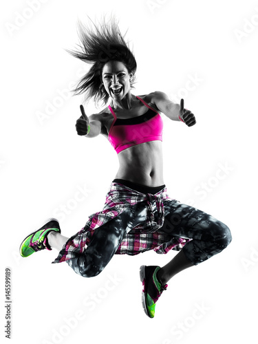 Naklejka na szybę one caucasian woman zumba fitness exercises dancer dancing isolated in silhouette on white background