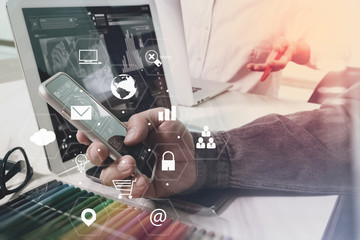 Poster - co working team meeting concept,businessman using smart phone and laptop and digital tablet computer in modern office with virtual interface icons network diagram