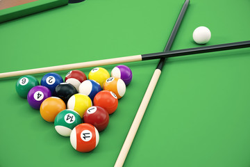 3D illustration American pool snooker balls background. American Billiard. Close up Billiard balls. Bar game. Billiard table game.