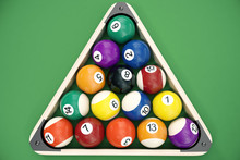 3D Illustration Billiard Balls Arranged In A Triangle Viewed From Above, Top View. Snooker, Pool Game, Billiard Concept