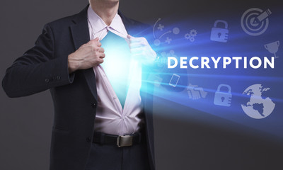 Business, Technology, Internet and network concept. Young businessman shows the word: Decryption