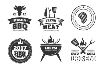 Poster - barbecue, grill, bbq steak house restaurant vintage vector labels, badges, logos and emblems