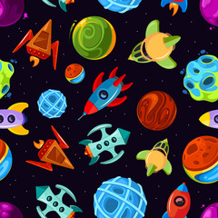 Poster - Space vector seamless pattern with spaceships, stars, planet and rockets, childrens fantastic background