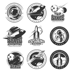 Wall Mural - vintage space, astronautics, shuttle flight vector labels, logos, badges, emblems