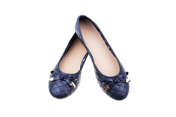 Pair of dark blue ladies' flat shoes isolated on white background.