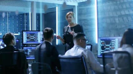 Aufkleber - Female Supervisor Conducts Briefing for Her Employees at Government Surveillance Agency. Shot on RED EPIC-W 8K Helium Cinema Camera.