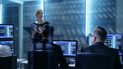 Aufkleber - In The Government System Control Center. Female Supervisor Holds Meeting For Her Team of Technical Professionals. They're Workspace is Equipped with Multiple Displays Showing Various Information.