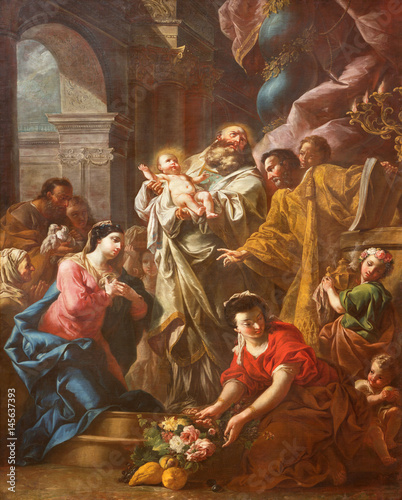 Fotomural TURIN, ITALY - MARCH 16, 2017: The painting of Presentation of Jesus at the Temple in church Chiesa di San Massimo by unknown artist of 17