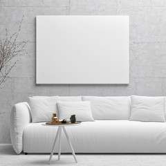 Wall Mural - White poster on concrete wall, living room, 3d illustration