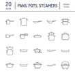Pot, pan and steamer flat line icons. Restaurant professional equipment signs. Kitchen utensil - wok, saucepan, eathernware dish. Thin linear signs for commercial cooking store.