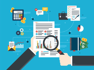 Poster - Hand with magnifying glass, analysis of documents with charts. Calculations of rate, investment and tax. Concept of financial investment, analytics with growth report. Flat design vector illustration.