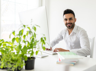 Wall Mural - Young confident man working in modern office full of light