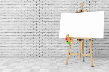 Leinwandbilder - Wooden Artist Easel with White Mock Up Canvas and Palette. 3d Rendering