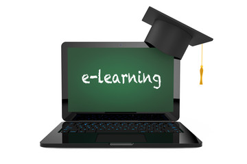 Poster - Online Education Concept. Graduation Hat over Laptop with Blackboard Screen and E-Learning Sign. 3d Rendering