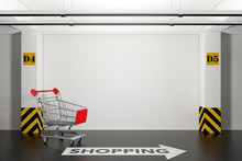 Abandoned Shopping Cart In Underground Parking Garage With Arrow And Shopping Sign. 3d Rendering