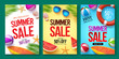 Summer sale vector poster set with 50% off discount text and summer elements in colorful backgrounds for store marketing promotion. Vector illustration. 
