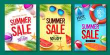 Summer Sale Vector Poster Set With 50% Off Discount Text And Summer Elements In Colorful Backgrounds For Store Marketing Promotion. Vector Illustration. 
