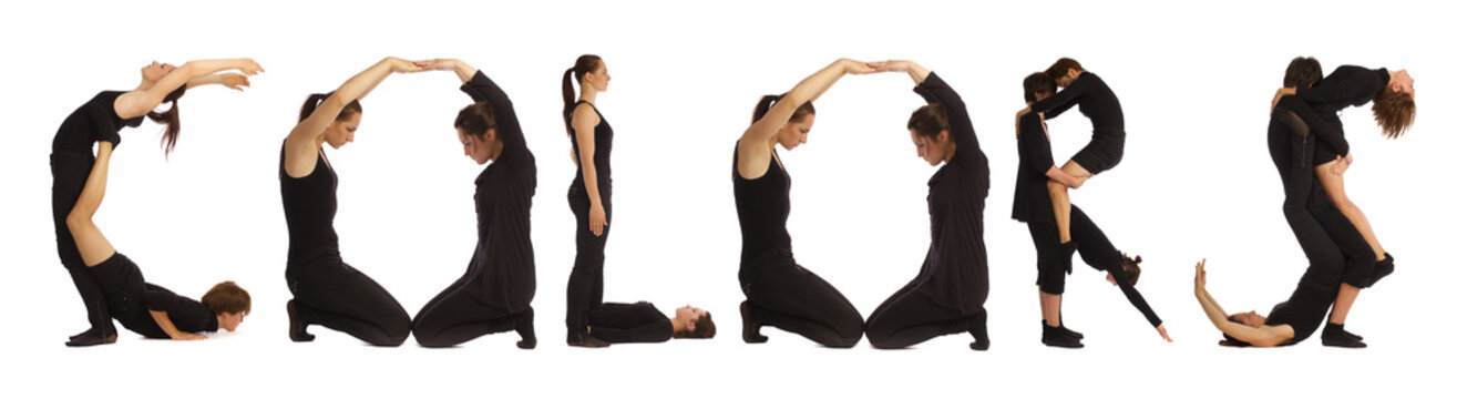Black dressed people forming word COLORS