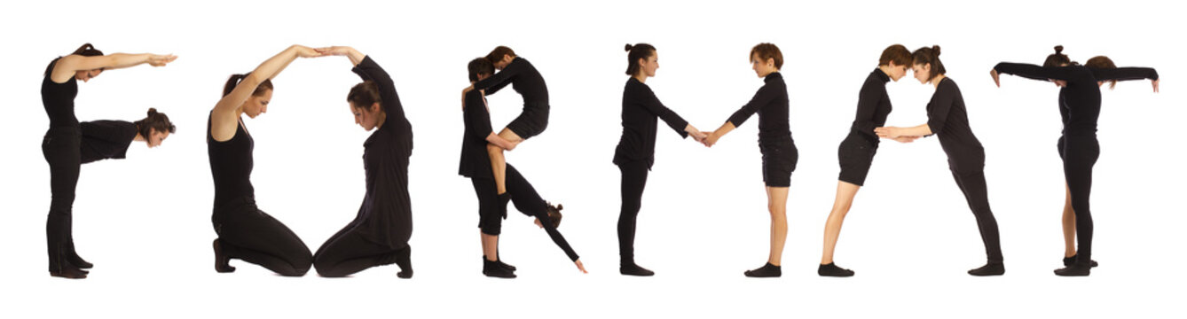 Black dressed people forming word FORMAT