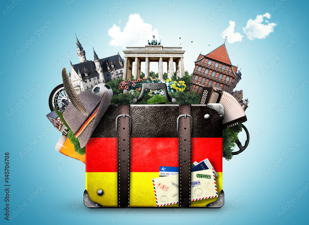 Germany, german landmarks, travel and retro suitcase - obrazy, fototapety, plakaty 
