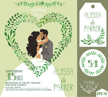 Wedding Invitation.Green Branches Heart , Kissing Bride,groom