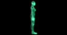 Glowing Green Female Body Comprised Of Tiny Cubes. Side  View. 3d Rendering.
