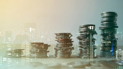 Double exposure of city and rows of coins for finance and banking concept