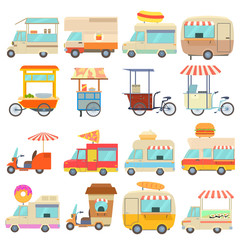 Street food vehicles icons set, cartoon style