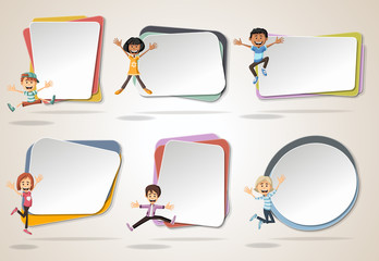 Vector banners / backgrounds with cartoon kids jumping. Design text box frames. 

