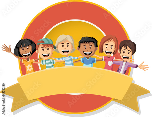 Vector banners and labels backgrounds with happy cartoon children. Cute kids....