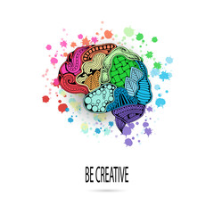 Sticker - Concept of the human brain. Vector illustration. Zentangle sketchy human brain doodle poster with colorful paint splashes. Creative mind, learning and design