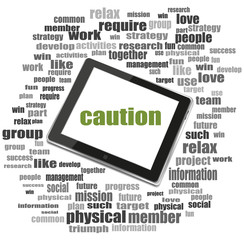 Poster - Security concept. word caution . Tablet Pc. Word cloud collage