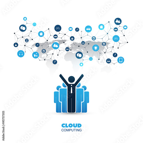 Cloud Computing Design Concept With A Standing Happy Business Man