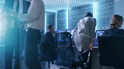 Aufkleber - Time-Lapse Footage of Government System Control Center Full of Professional. They Work at Their Workstations and Interact With Each Other. Room Has Multiple Displays with Various Data Shown on Screens
