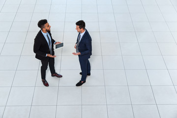 Wall Mural - Two Business Man Meeting Discussing Project Plan Communicating, Businessman Talking Top Angle View, Businesspeople Colleague Team