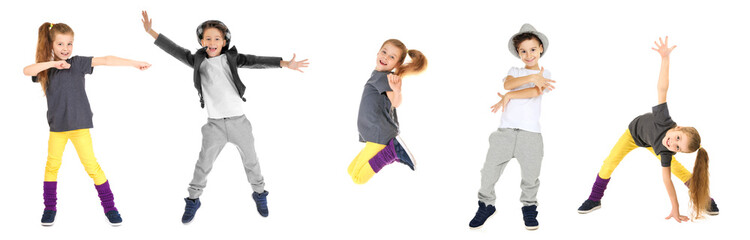 Cute funny girl dancing on white background