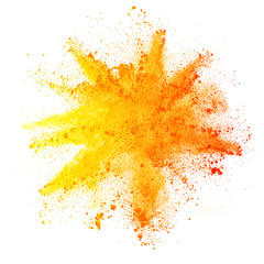 Explosion of colored powder on white background