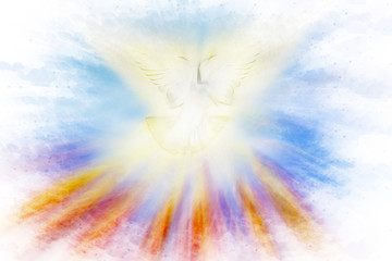 Holy Spirit, Pentecost or Confirmation symbol with a dove, and bursting rays of flames or fire. Abstract modern religious digital illustration background