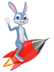  The rabbit is flying on a red rocket. 3d render illustration.