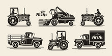 Farm Icons Set. Agricultural Industry, Farmer, Harvester, Tractor, Truck Symbol. Vintage Vector Illustration