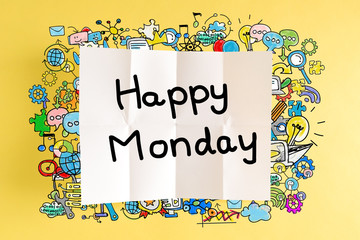 Happy Monday text with colorful illustrations
