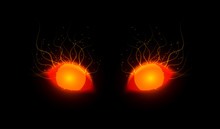 Vector Illustration Of Red Monster Eyes, Glowing In Dark.