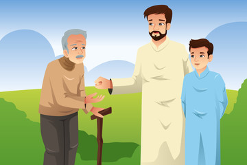 Wall Mural - Muslim Father and Son Giving Money to an Old Man