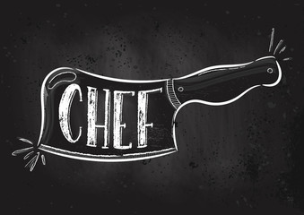 Vector hand drawn illustration.  Knife chef is drawn on the chalk Board. The idea for a cafe, restaurant, kitchen, poster.