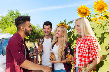 Sticker - Young people listening guy playing guitar friends drinking beer bottles outdoor countryside, two couple standing near car happy smile summer sunflower