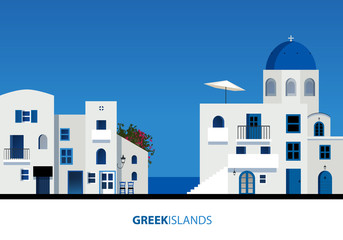 Wall Mural - Greek Islands. View of typical greek island architecture on blue sky. Vector Illustration